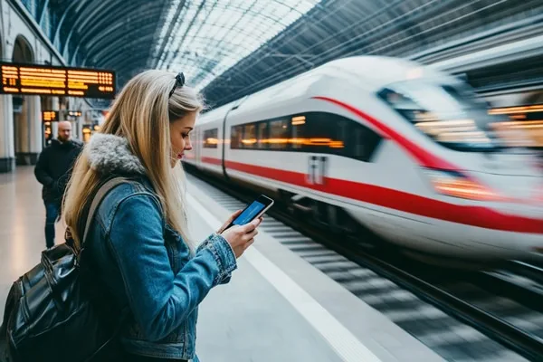 Frau am Bahnhof schaut aufs Handy und schaltet eine Anzeige