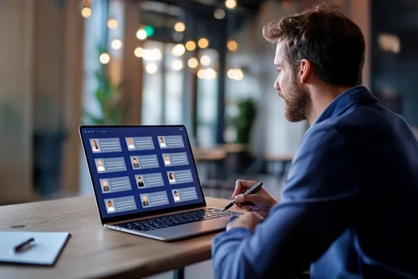 Mann sitzt am Tisch vorm Laptop und schaut sich die Bewerberdatenbank an